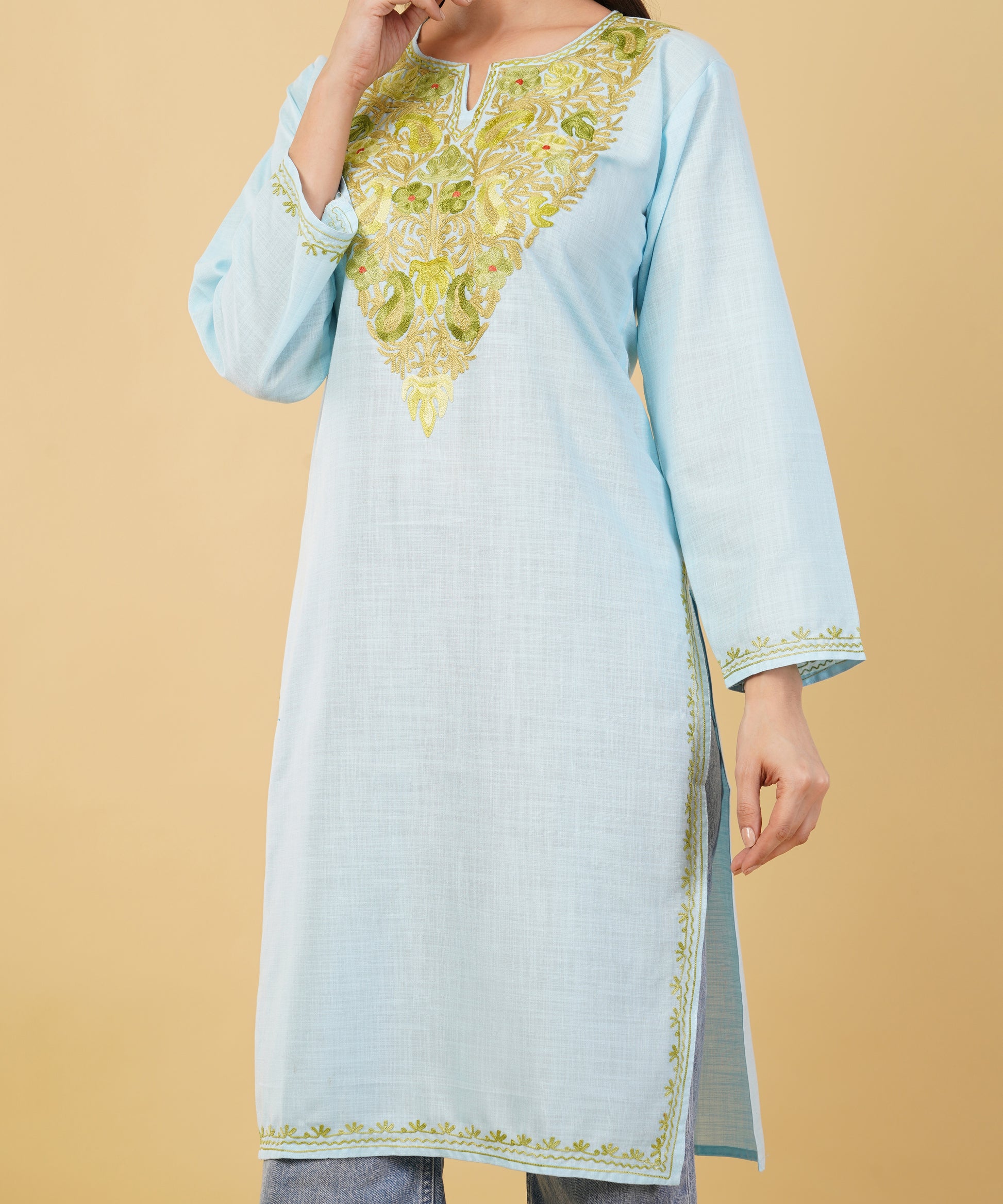 Kashmiri Aari embroidery Cotton Long Kurti Size-36 (Sky Blue)