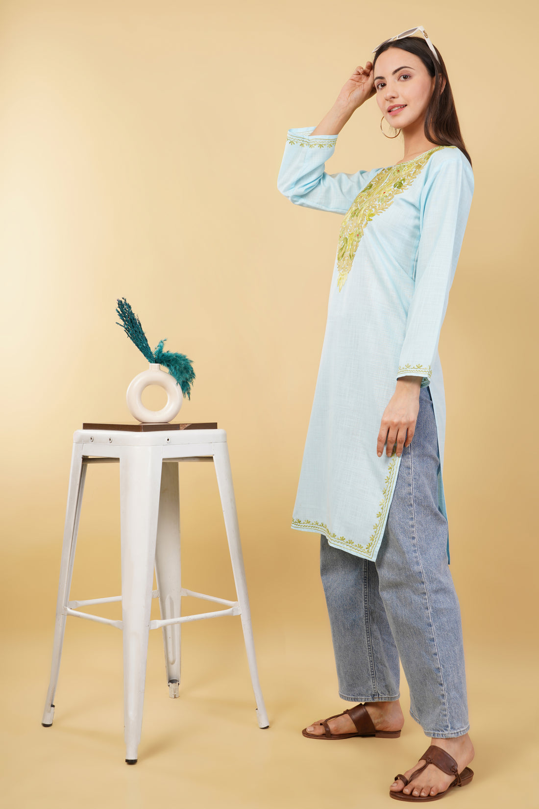 Kashmiri Aari embroidery Cotton Long Kurti Size-36 (Sky Blue)