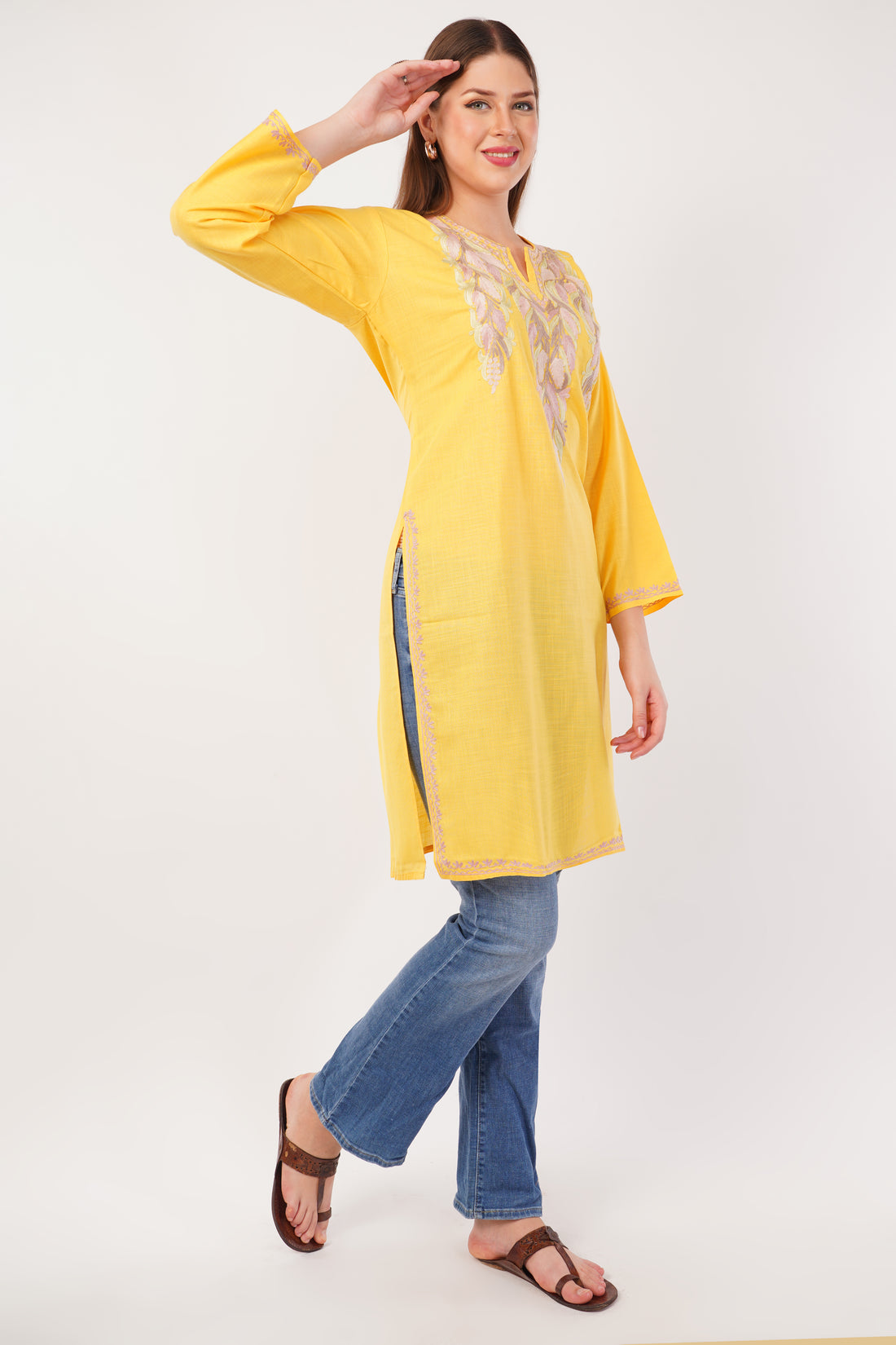 Kashmiri Aari embroidery Cotton Long Kurti Size-42 (Yellow)