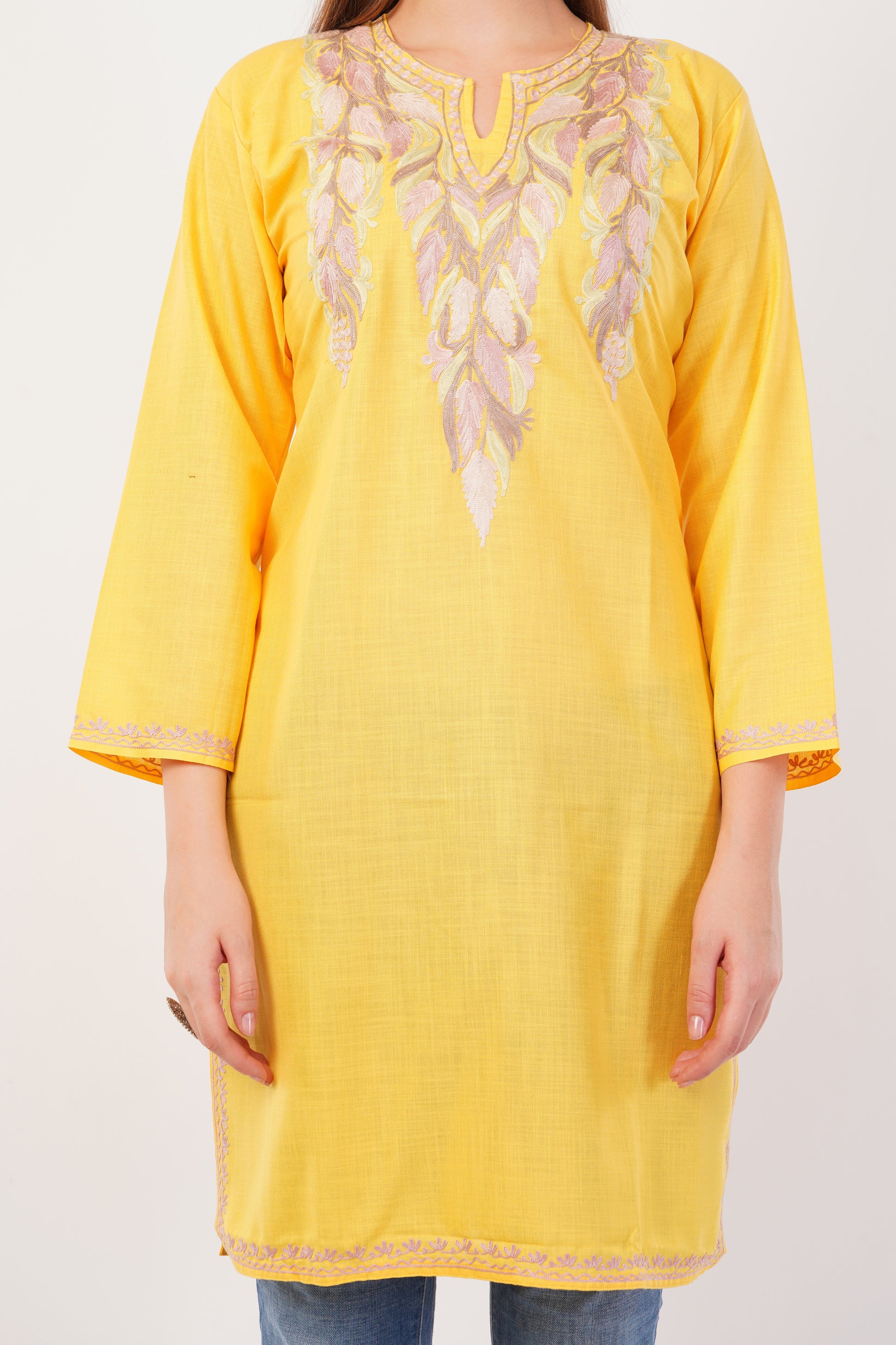 Kashmiri Aari embroidery Cotton Long Kurti Size-42 (Yellow)