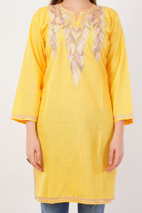 Kashmiri Aari embroidery Cotton Long Kurti Size-42 (Yellow)