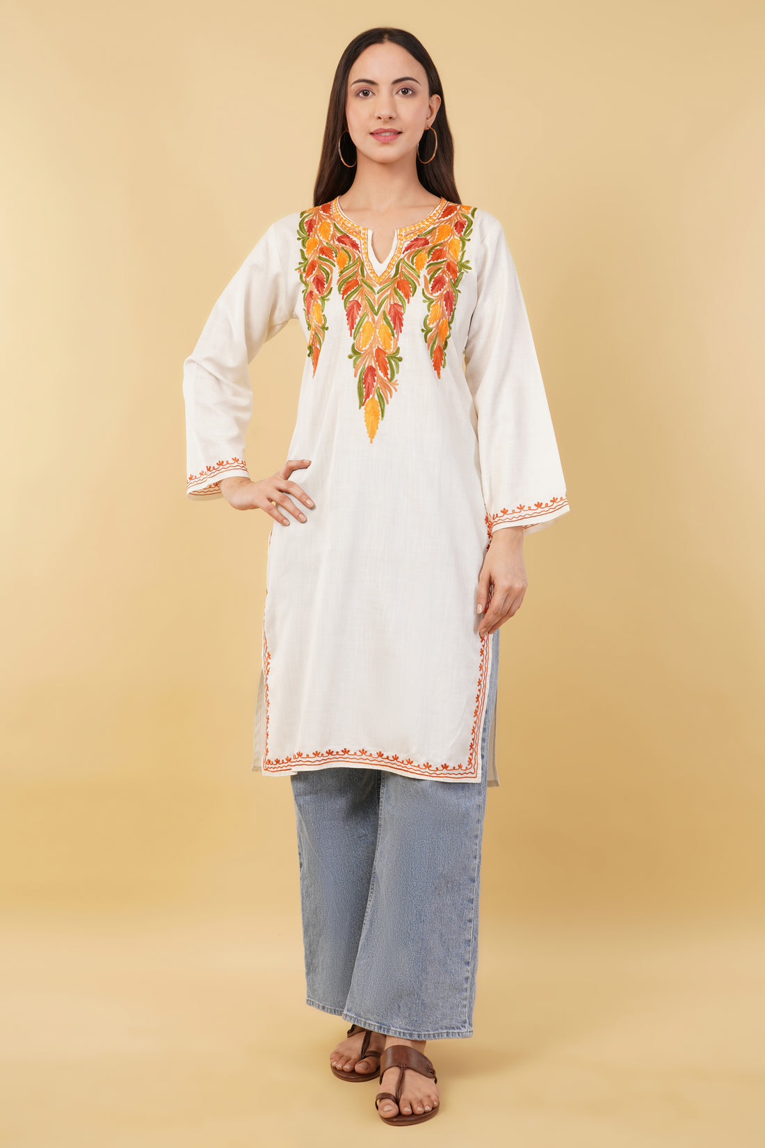 Kashmiri Aari embroidery Cotton Long Kurti Size-36 (White)