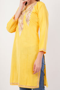 Kashmiri Aari embroidery Cotton Long Kurti Size-42 (Yellow)