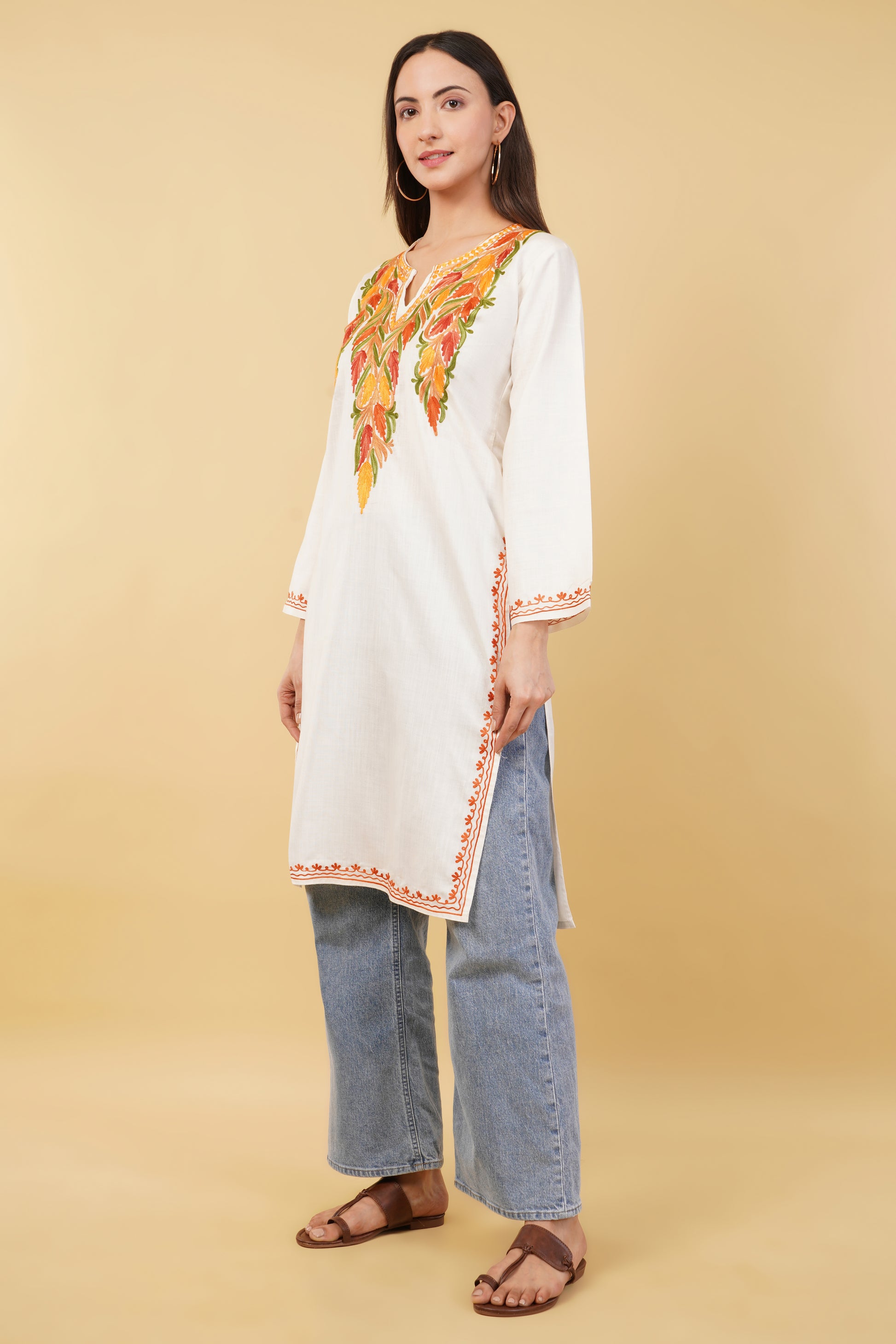 Kashmiri Aari embroidery Cotton Long Kurti Size-36 (White)