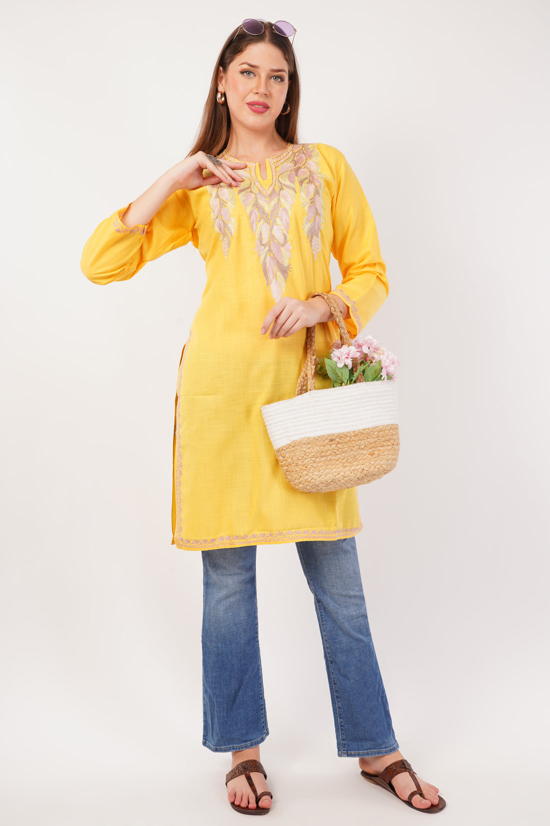 Kashmiri Aari embroidery Cotton Long Kurti Size-42 (Yellow)