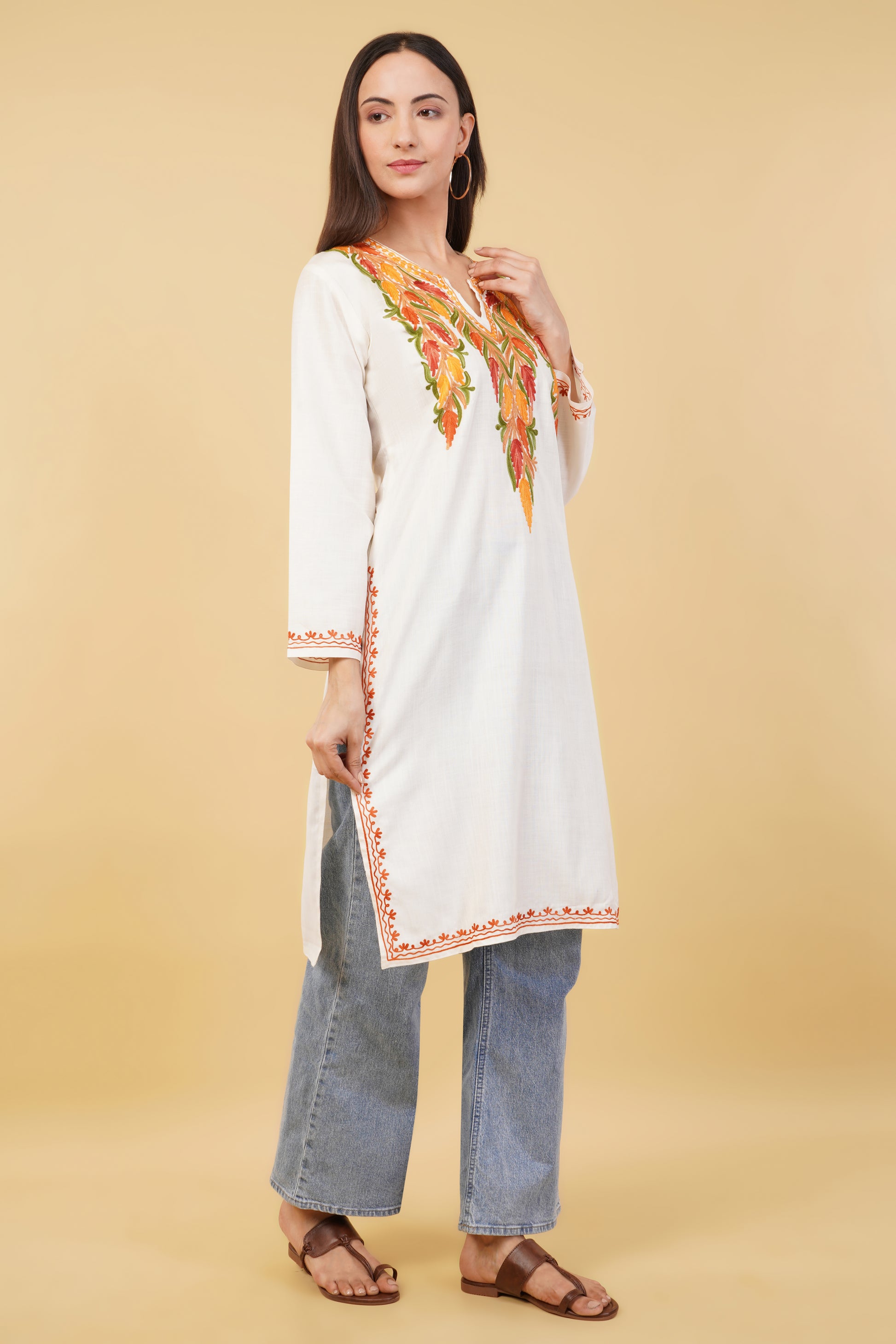 Kashmiri Aari embroidery Cotton Long Kurti Size-36 (White)