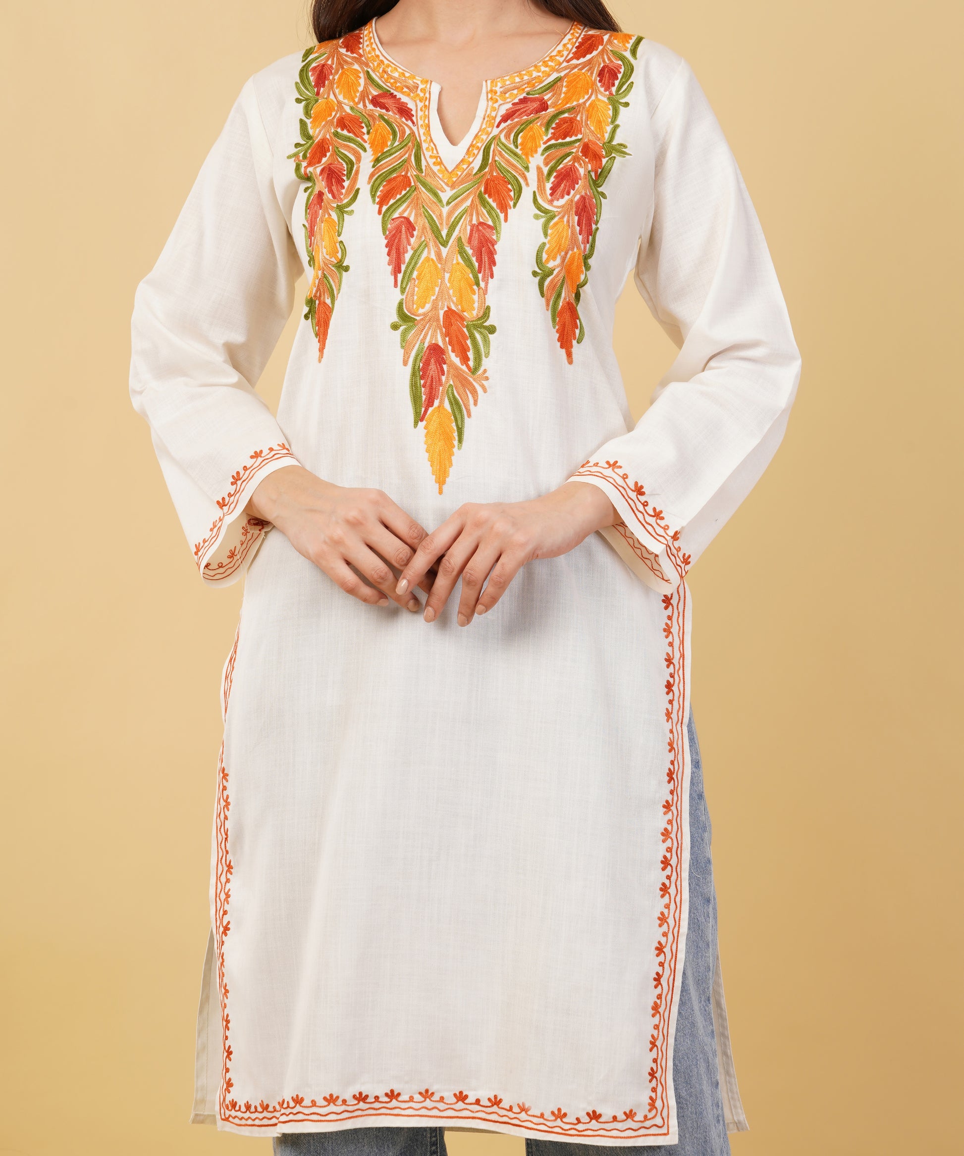 Kashmiri Aari embroidery Cotton Long Kurti Size-36 (White)