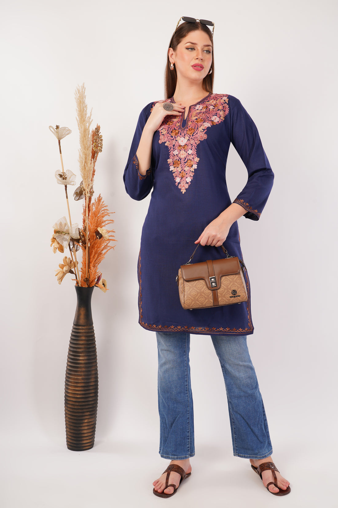 Kashmiri Aari embroidery Cotton Long Kurti Size-42 ( Navy Blue)