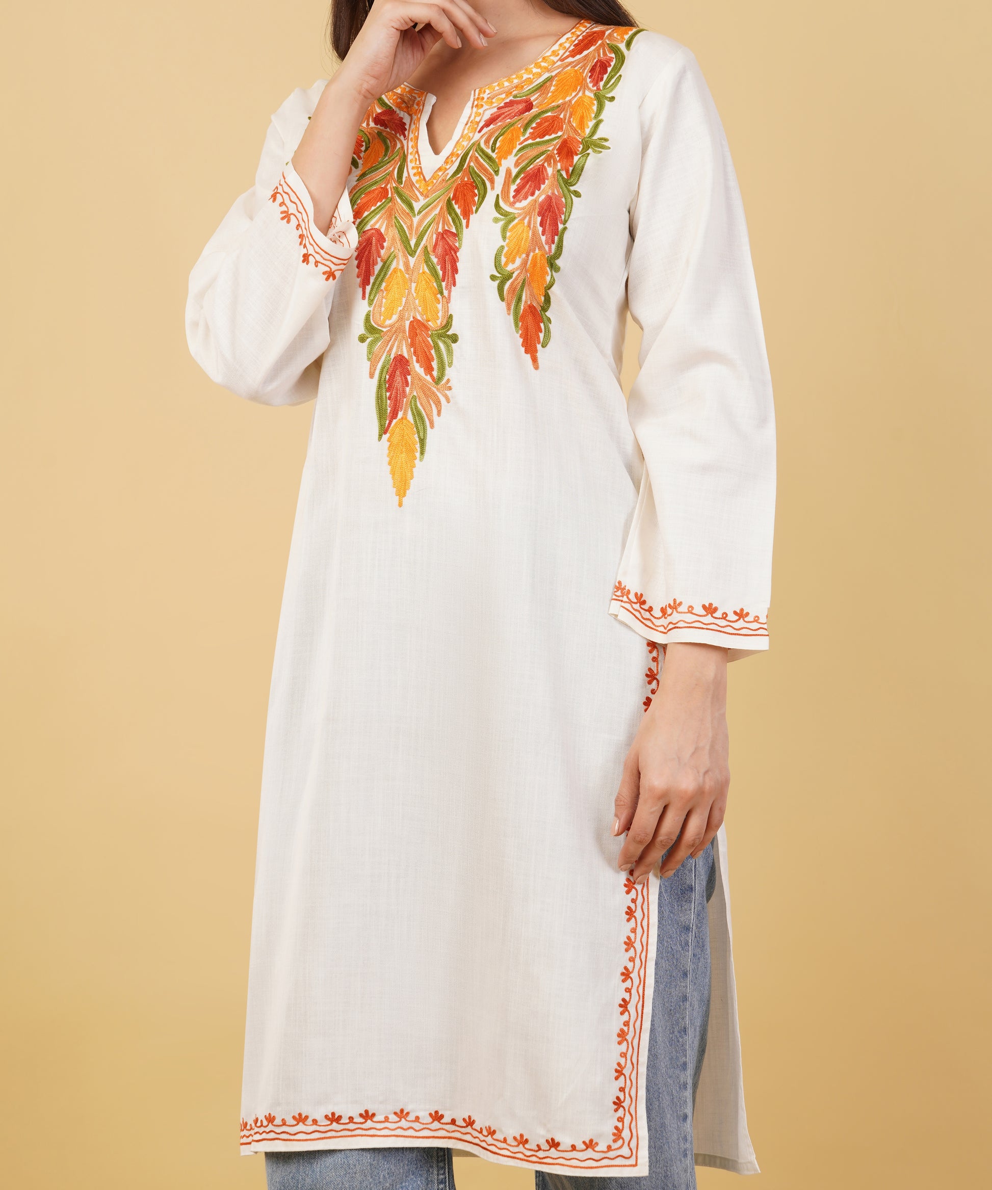 Kashmiri Aari embroidery Cotton Long Kurti Size-36 (White)