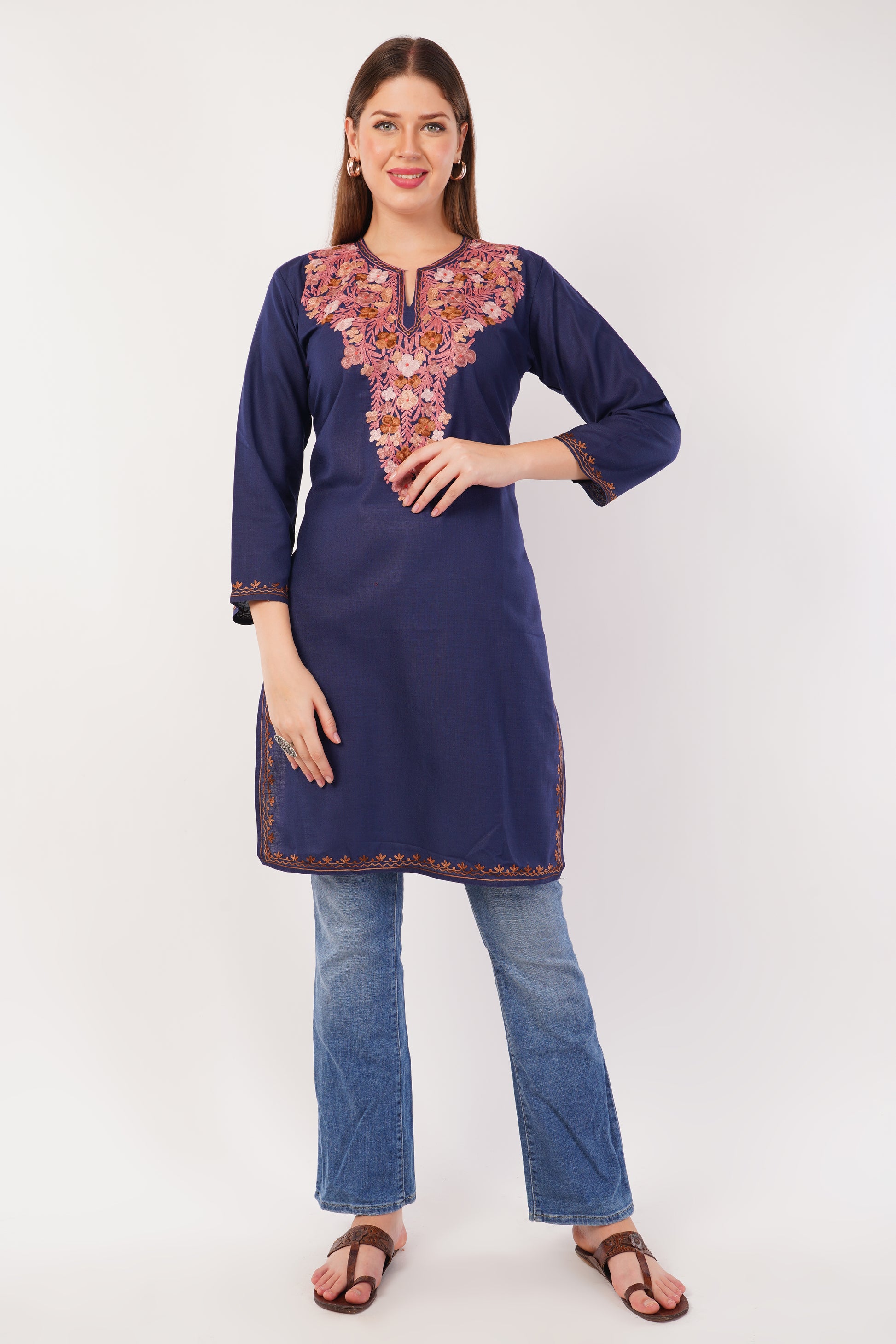 Kashmiri Aari embroidery Cotton Long Kurti Size-42 ( Navy Blue)