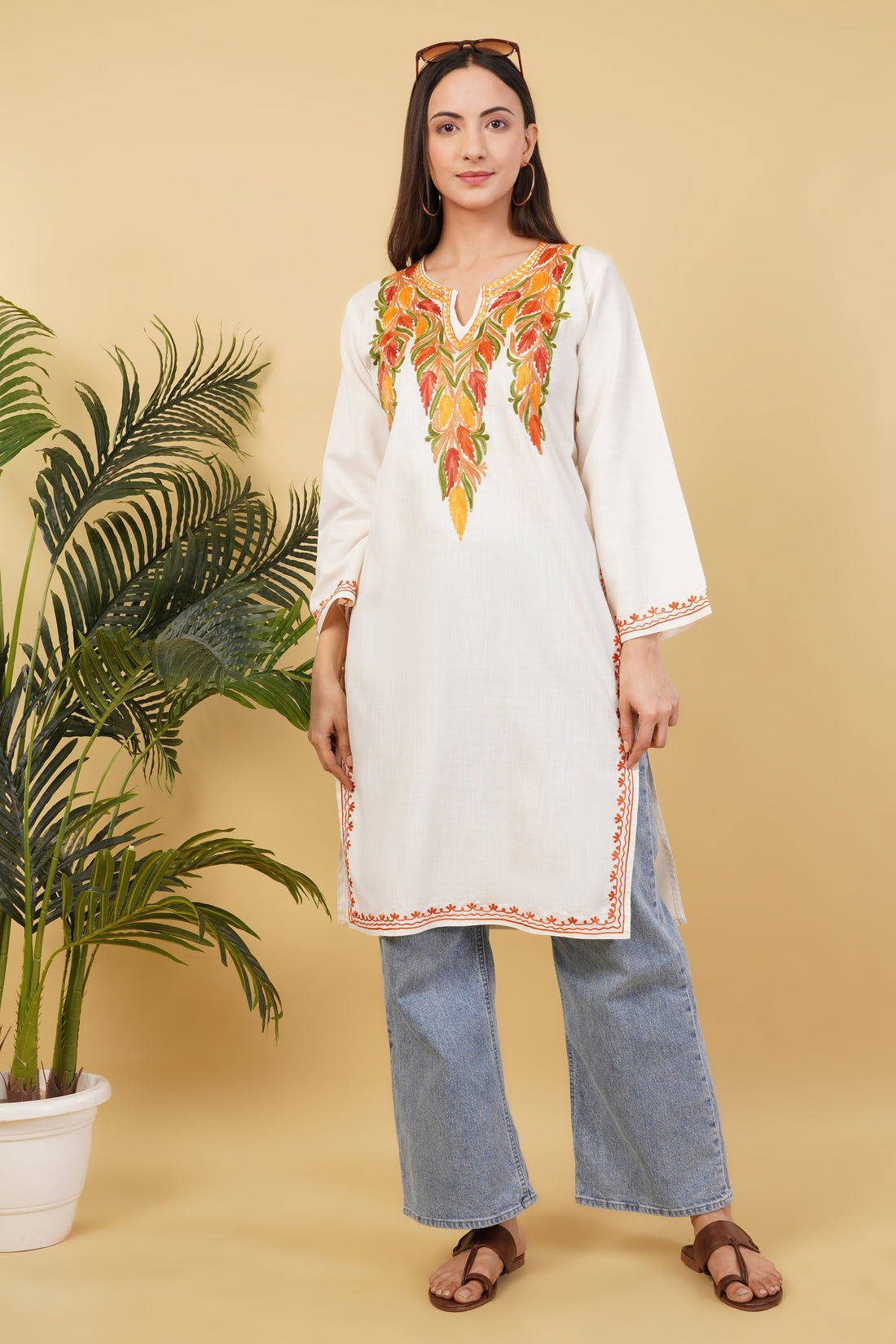 Kashmiri Aari embroidery Cotton Long Kurti Size-36 (White)