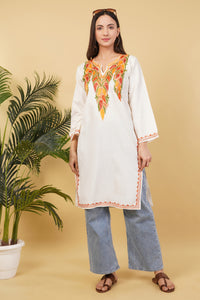 Kashmiri Aari embroidery Cotton Long Kurti Size-36 (White)