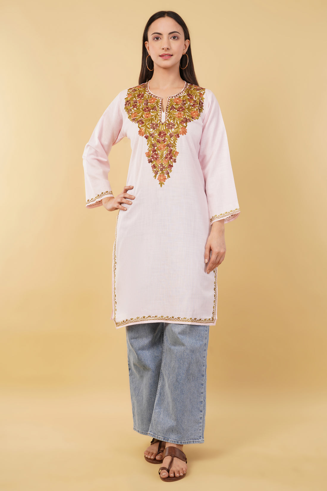 Kashmiri Aari embroidery Cotton Long Kurti Size-36 (Baby Pink)