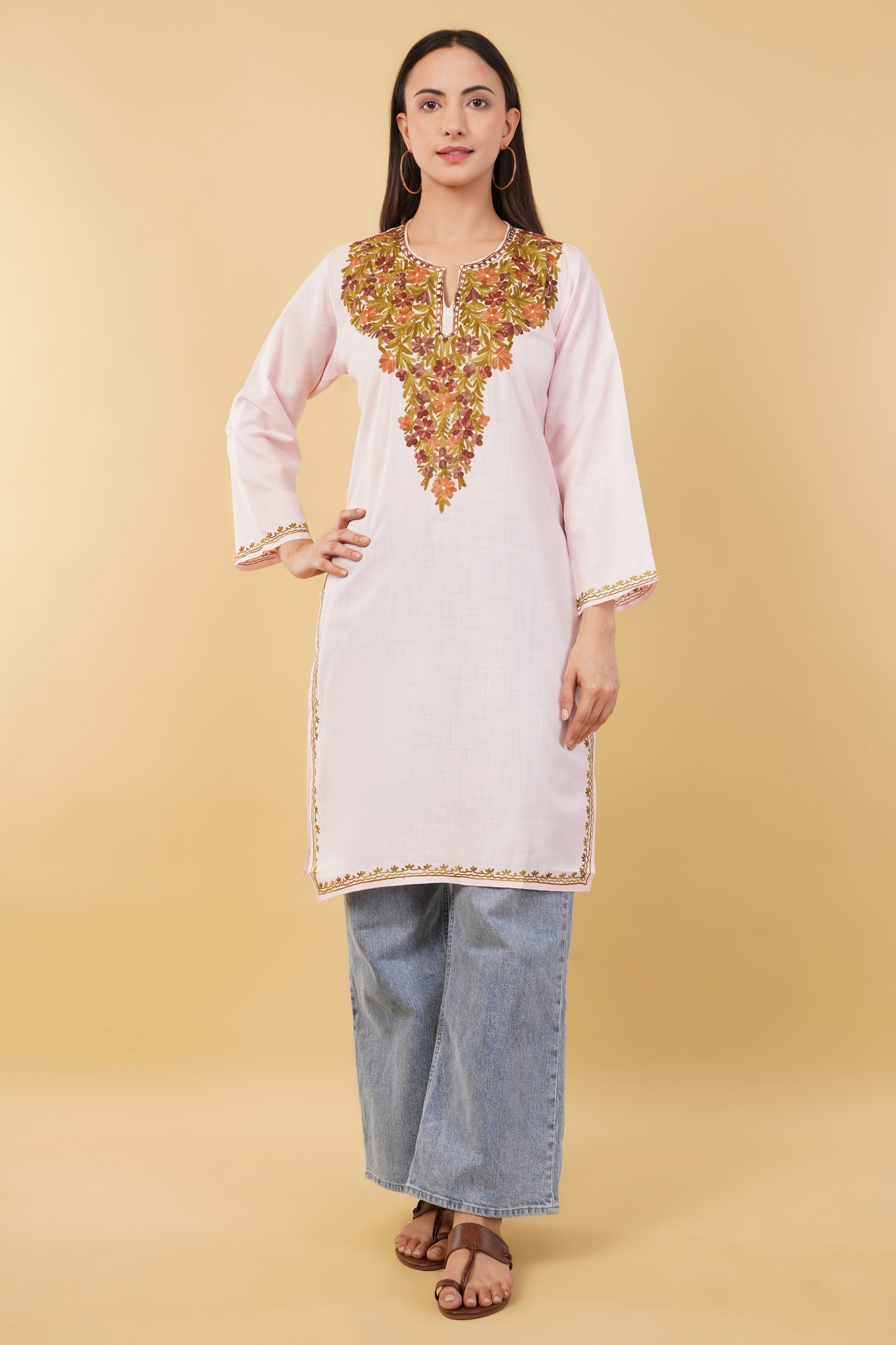 Kashmiri Aari embroidery Cotton Long Kurti Size-36 (Baby Pink)