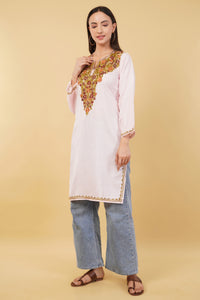Kashmiri Aari embroidery Cotton Long Kurti Size-36 (Baby Pink)