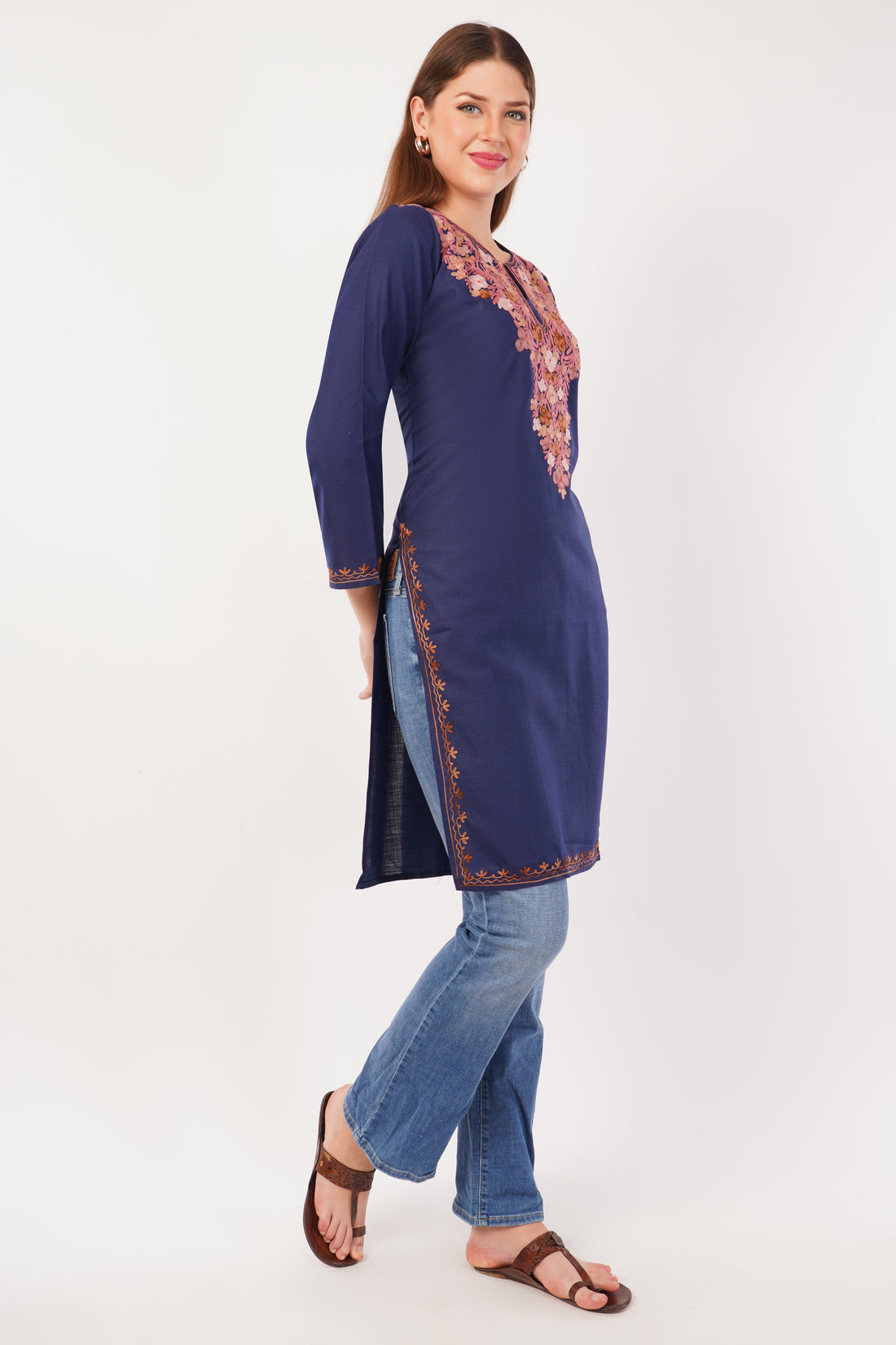Kashmiri Aari embroidery Cotton Long Kurti Size-42 ( Navy Blue)