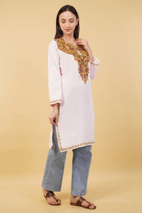 Kashmiri Aari embroidery Cotton Long Kurti Size-36 (Baby Pink)