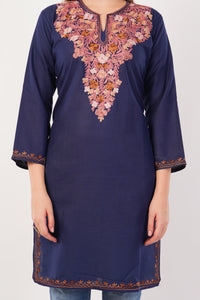 Kashmiri Aari embroidery Cotton Long Kurti Size-42 ( Navy Blue)