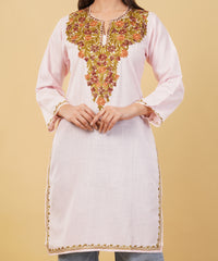 Kashmiri Aari embroidery Cotton Long Kurti Size-36 (Baby Pink)