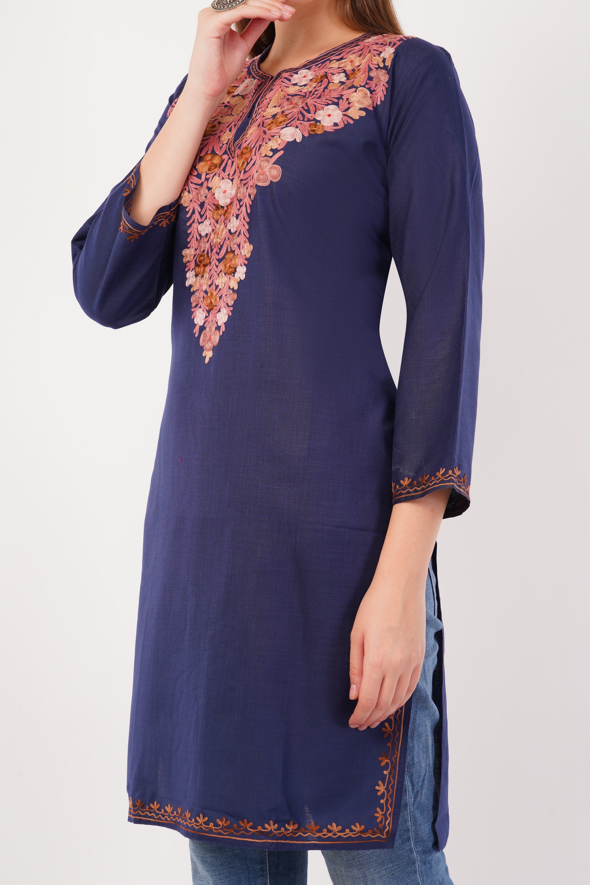 Kashmiri Aari embroidery Cotton Long Kurti Size-42 ( Navy Blue)