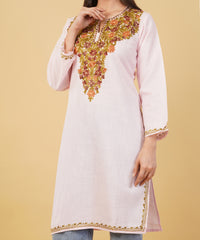 Kashmiri Aari embroidery Cotton Long Kurti Size-36 (Baby Pink)