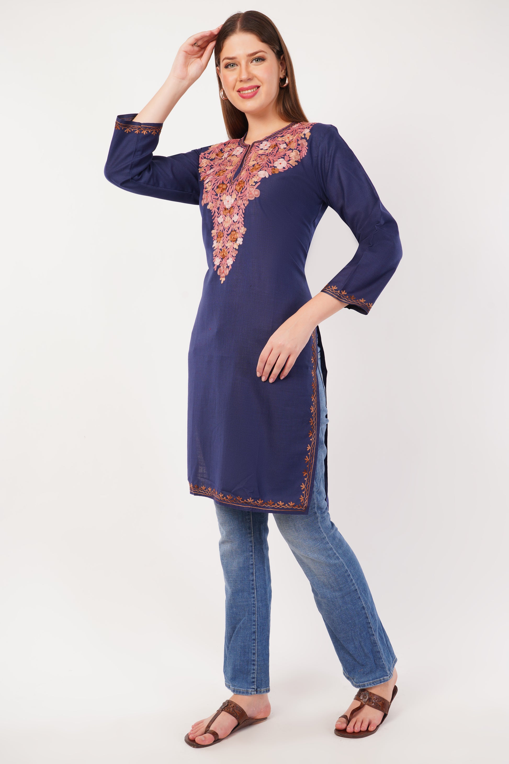 Kashmiri Aari embroidery Cotton Long Kurti Size-42 ( Navy Blue)