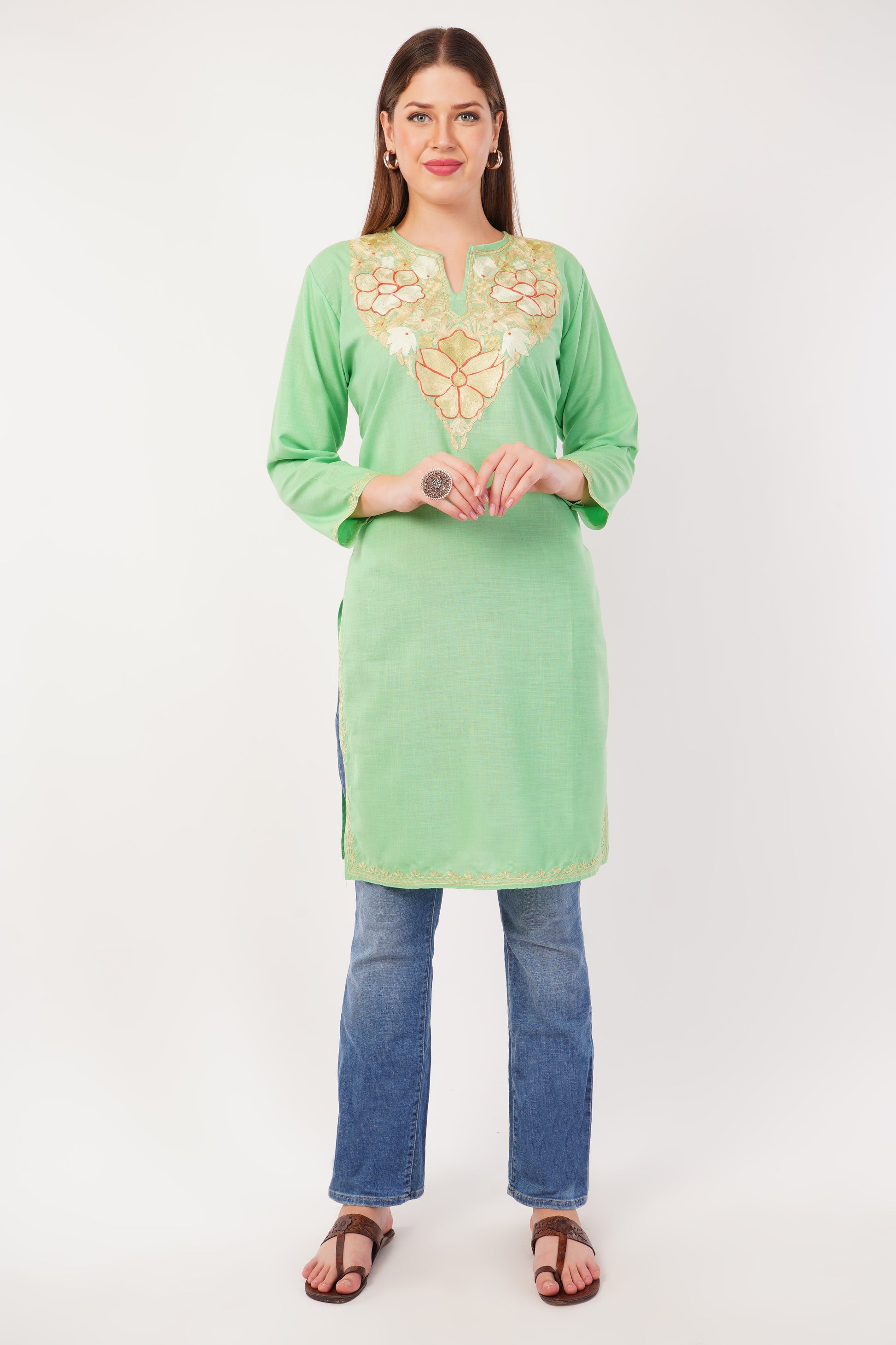 Kashmiri Aari embroidery Cotton Long Kurti Size-42 (Green)