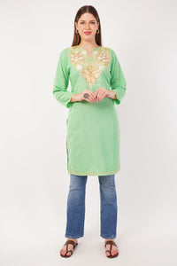 Kashmiri Aari embroidery Cotton Long Kurti Size-42 (Green)