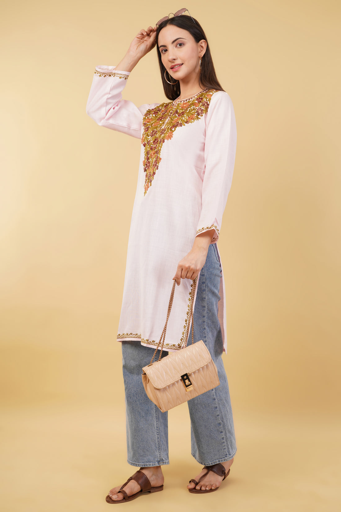 Kashmiri Aari embroidery Cotton Long Kurti Size-36 (Baby Pink)