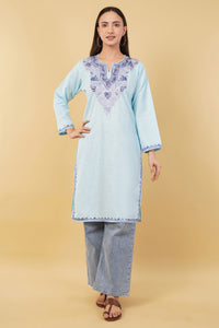 Kashmiri Aari embroidery Cotton Long Kurti Size-36 (Sky Blue)