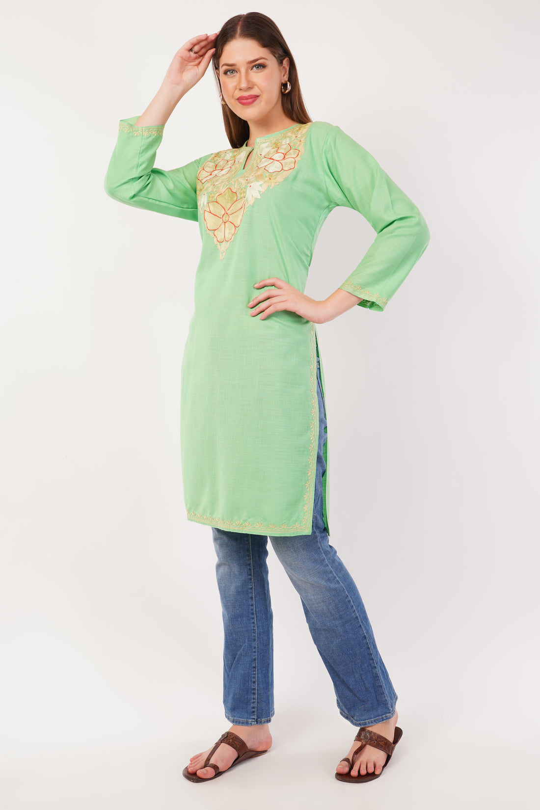 Kashmiri Aari embroidery Cotton Long Kurti Size-42 (Green)