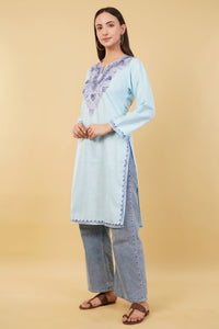 Kashmiri Aari embroidery Cotton Long Kurti Size-36 (Sky Blue)