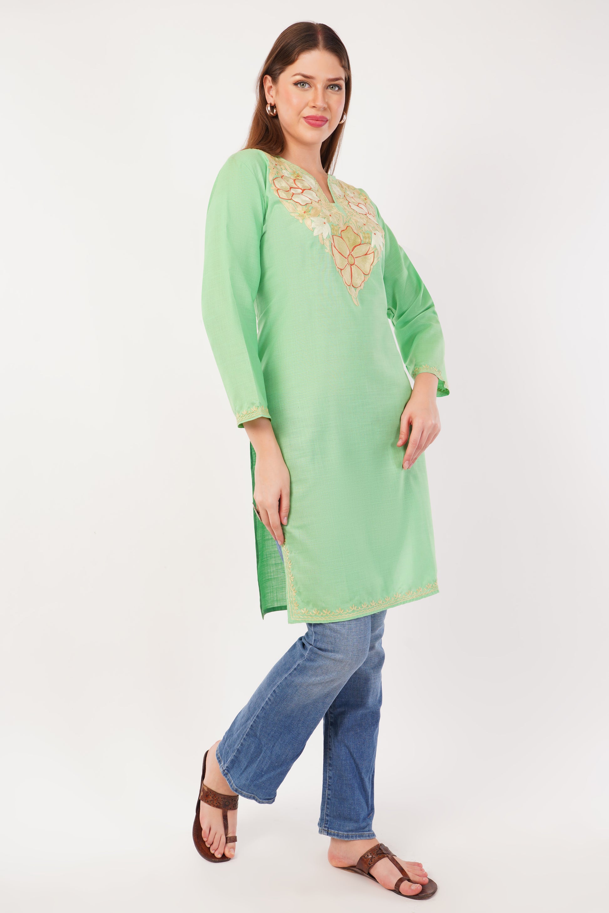 Kashmiri Aari embroidery Cotton Long Kurti Size-42 (Green)