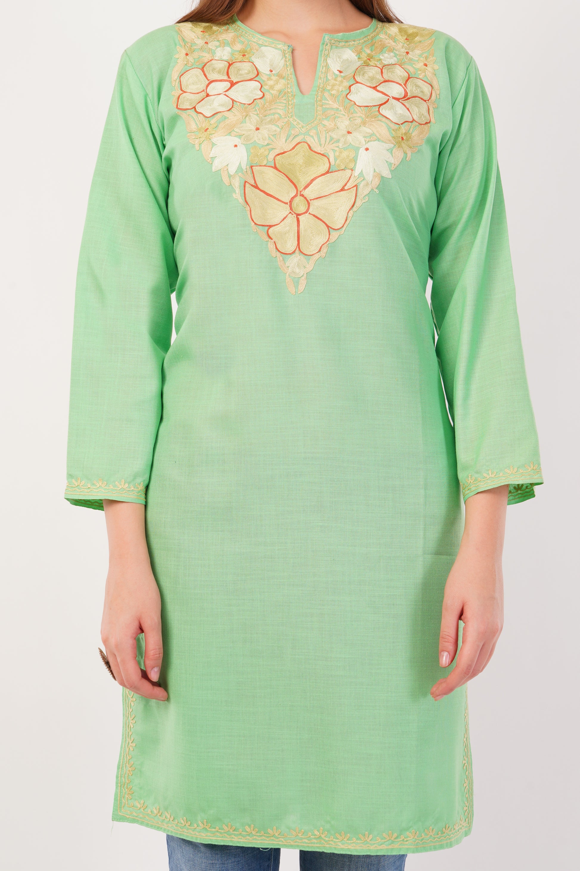 Kashmiri Aari embroidery Cotton Long Kurti Size-42 (Green)
