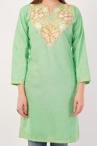 Kashmiri Aari embroidery Cotton Long Kurti Size-42 (Green)