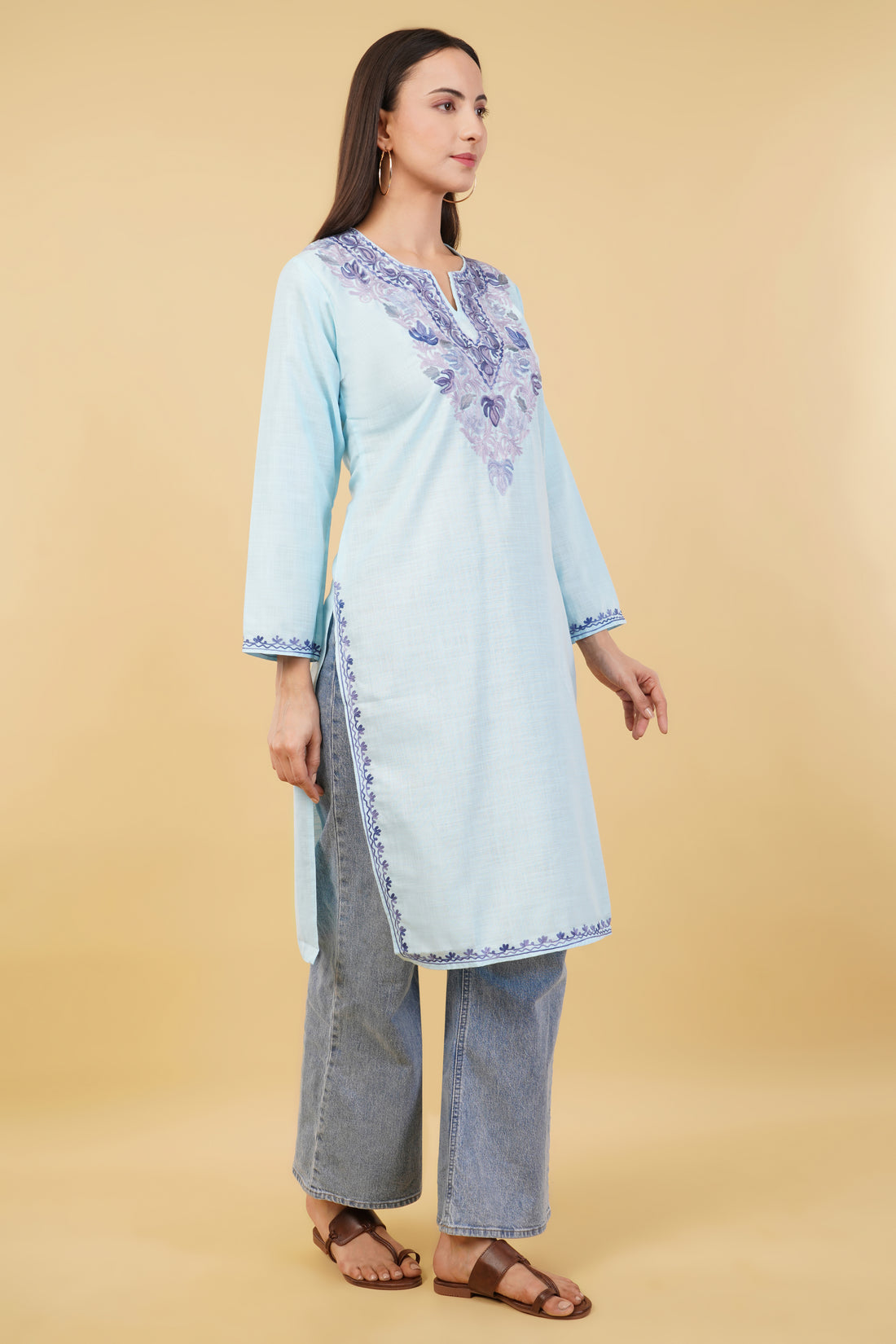 Kashmiri Aari embroidery Cotton Long Kurti Size-36 (Sky Blue)