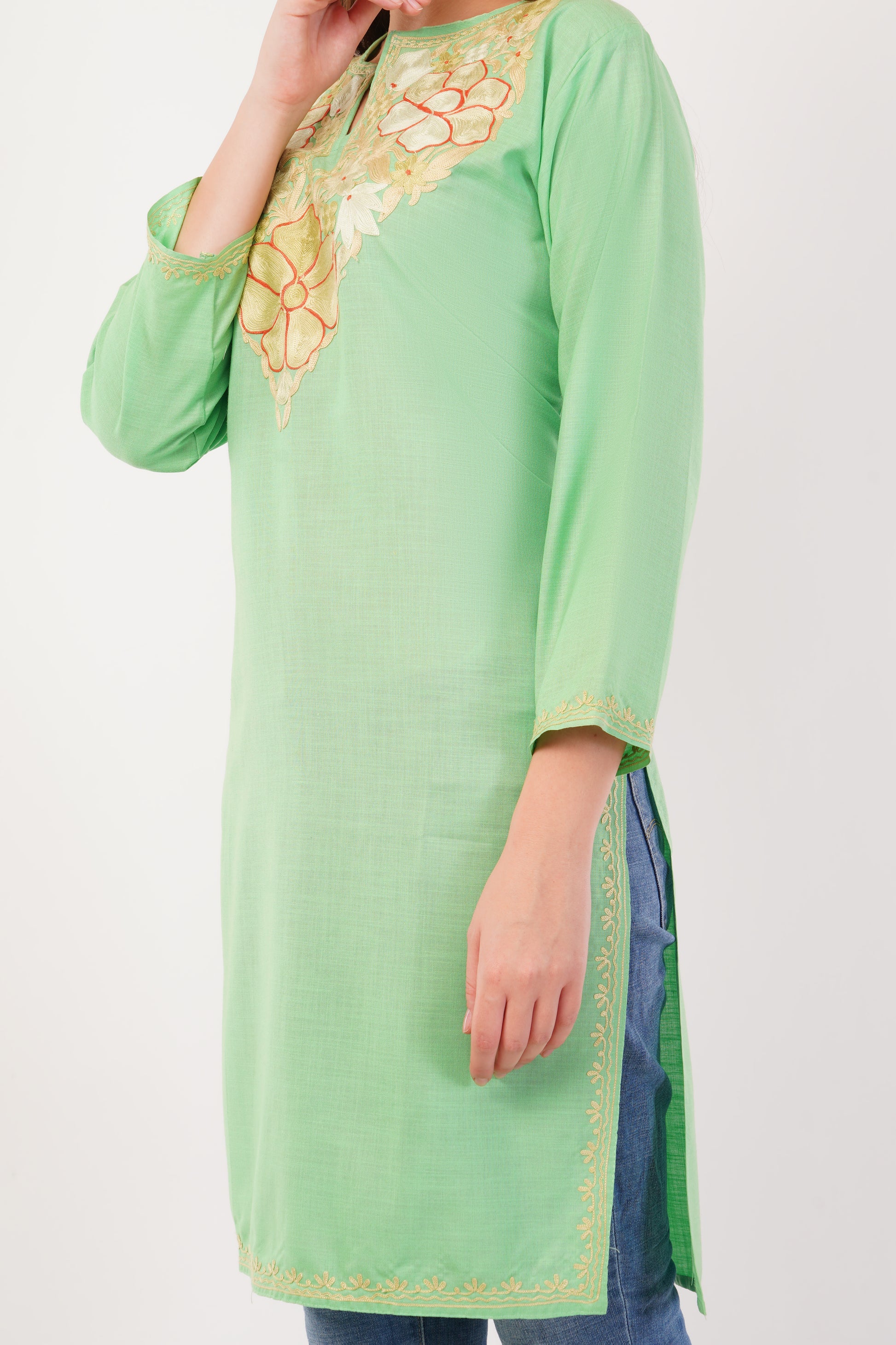 Kashmiri Aari embroidery Cotton Long Kurti Size-42 (Green)