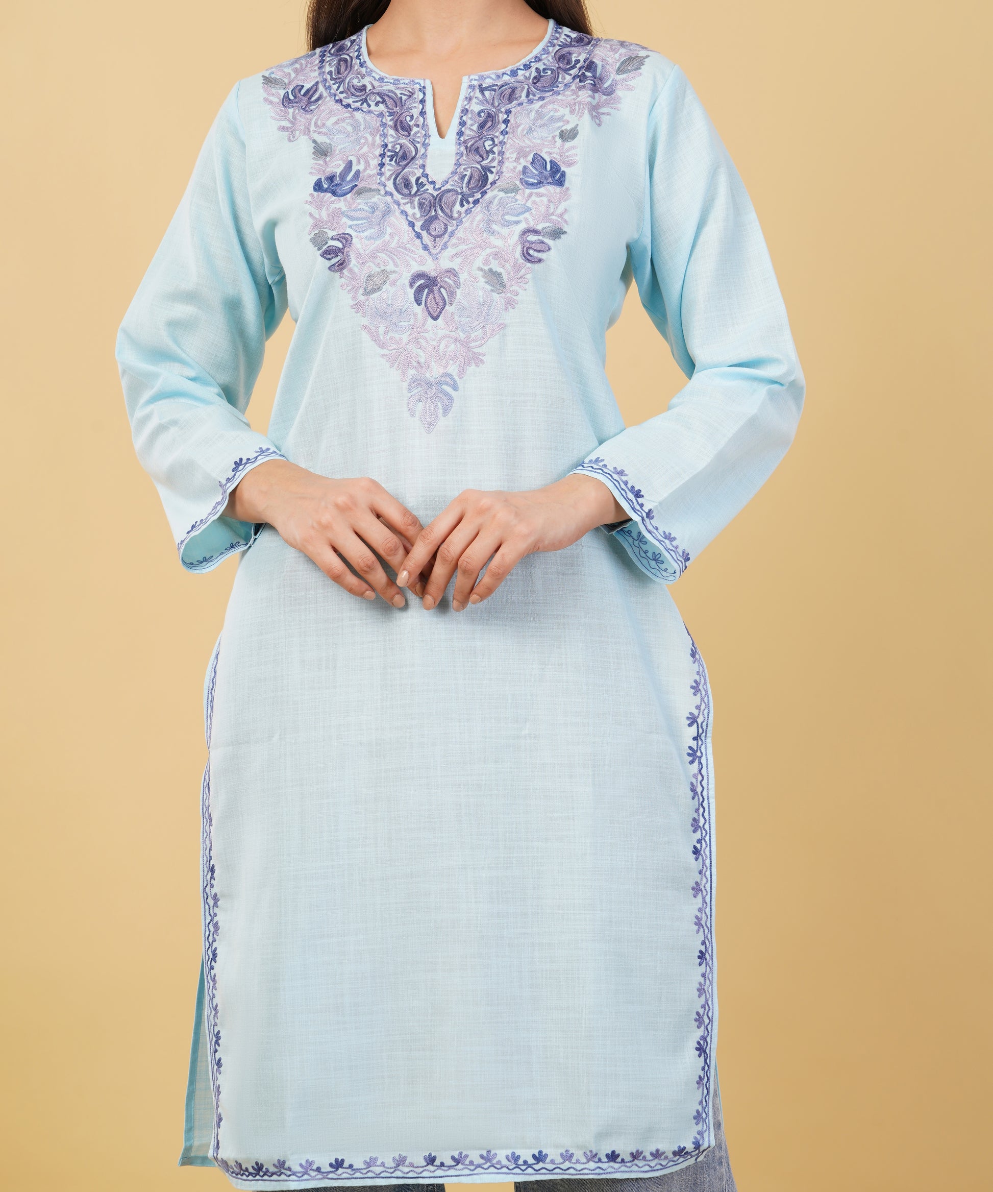 Kashmiri Aari embroidery Cotton Long Kurti Size-36 (Sky Blue)