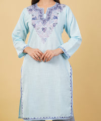 Kashmiri Aari embroidery Cotton Long Kurti Size-36 (Sky Blue)