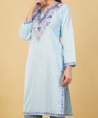 Kashmiri Aari embroidery Cotton Long Kurti Size-36 (Sky Blue)