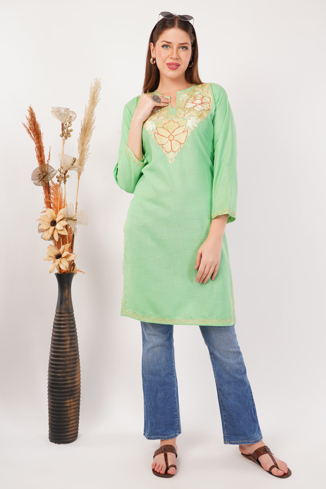 Kashmiri Aari embroidery Cotton Long Kurti Size-42 (Green)