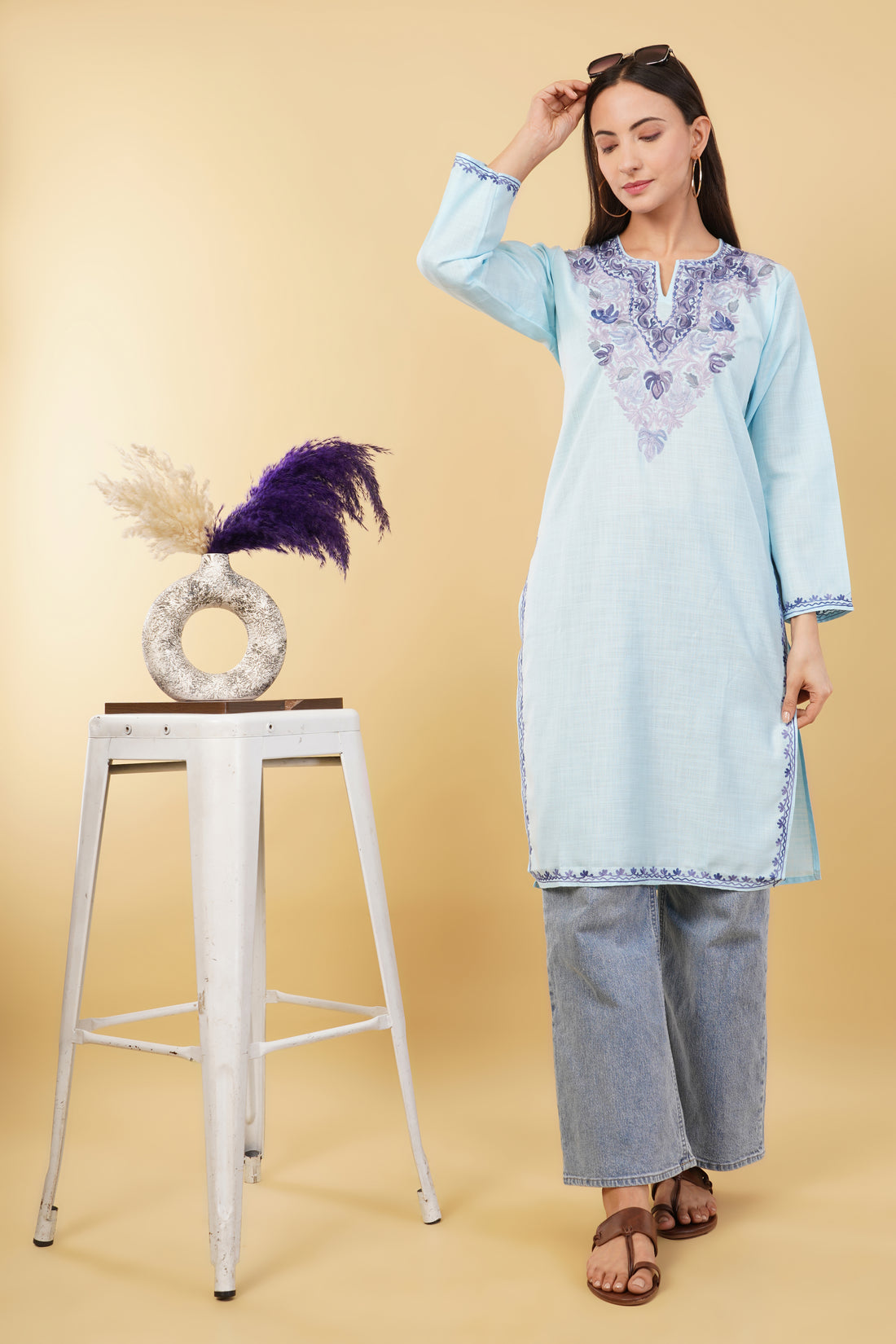 Kashmiri Aari embroidery Cotton Long Kurti Size-36 (Sky Blue)