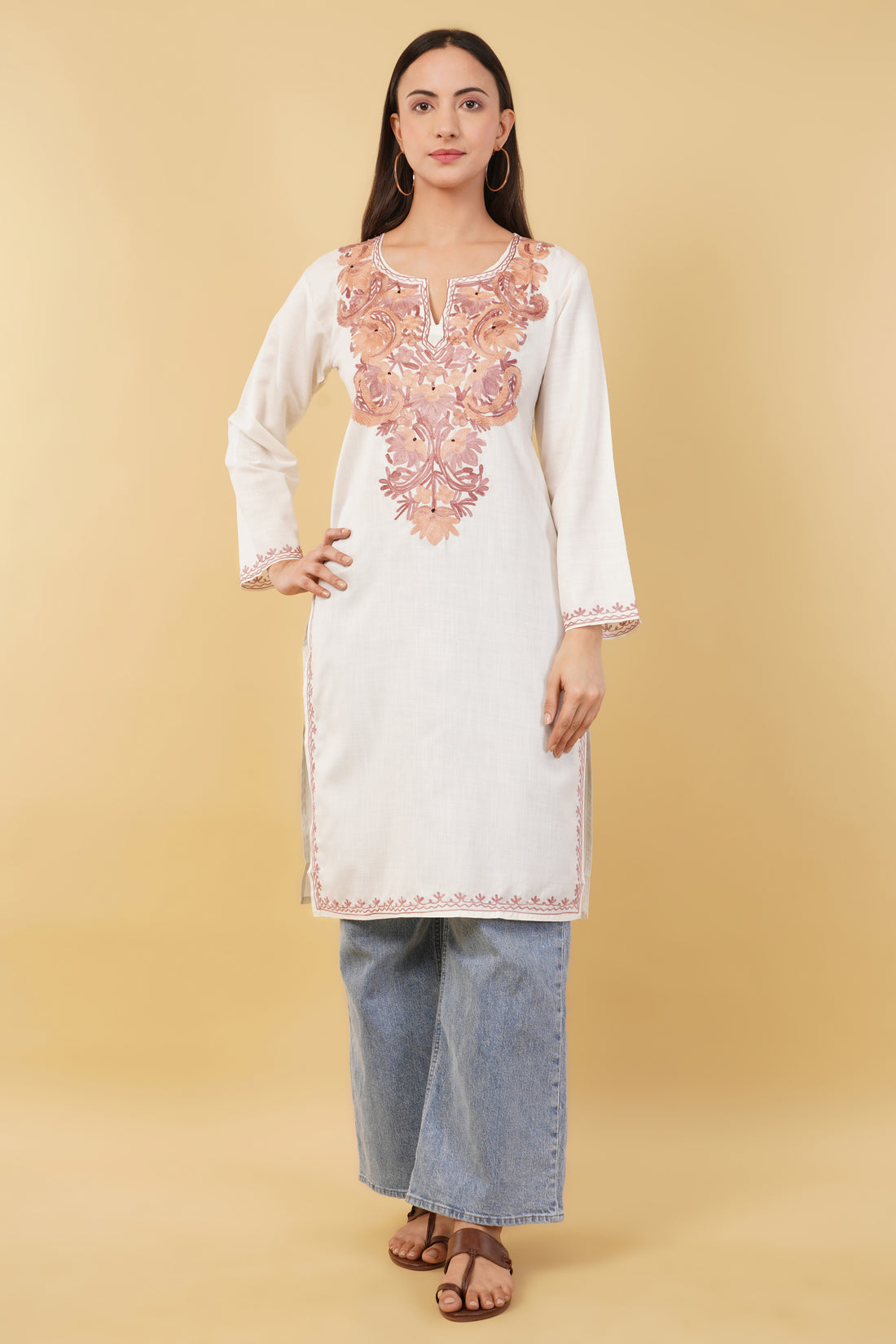Kashmiri Aari embroidery Cotton Long Kurti Size-36 (White)