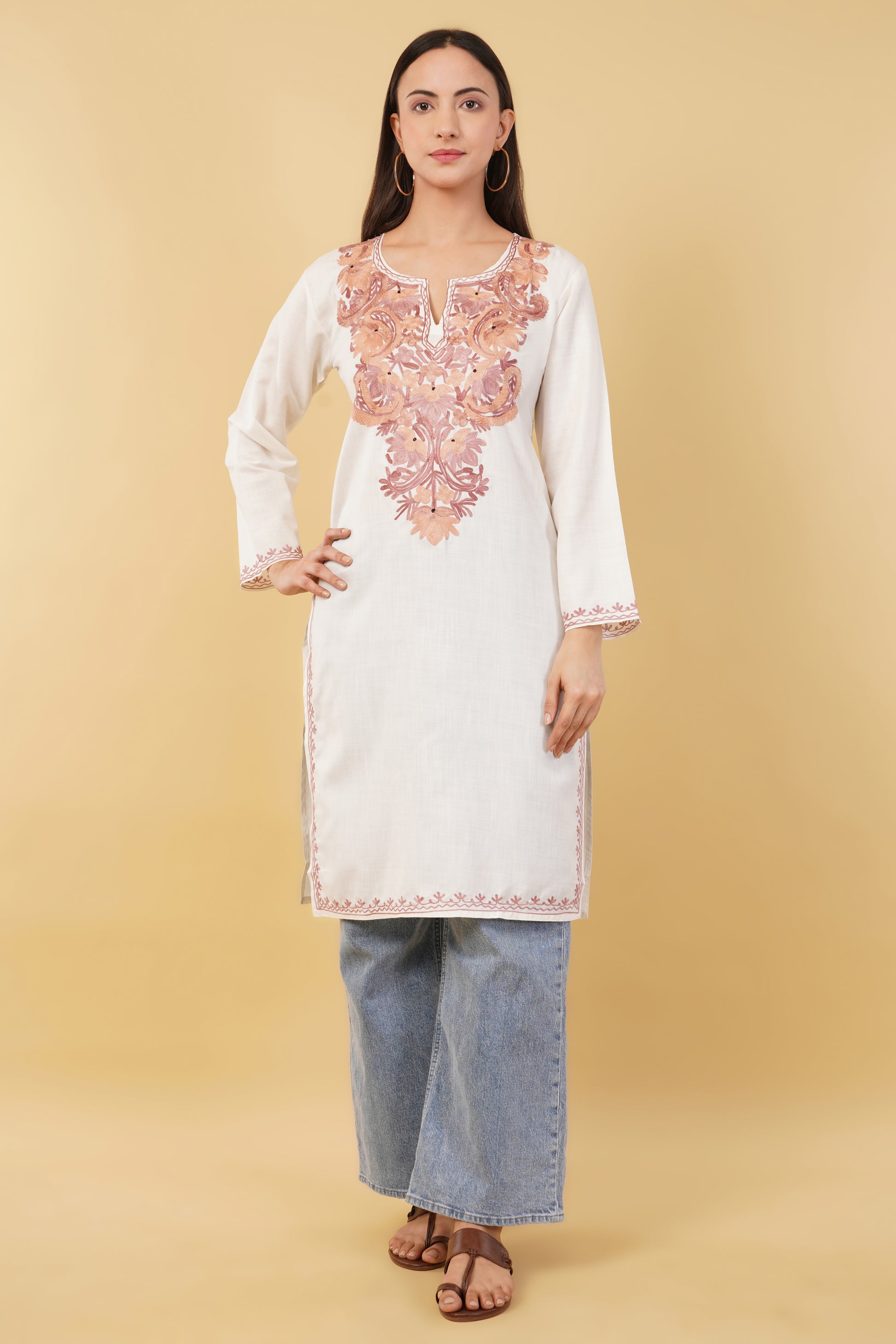 Kashmiri Aari embroidery Cotton Long Kurti Size-36 (White)