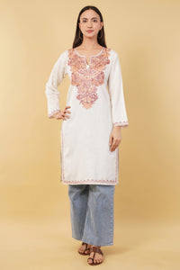 Kashmiri Aari embroidery Cotton Long Kurti Size-36 (White)