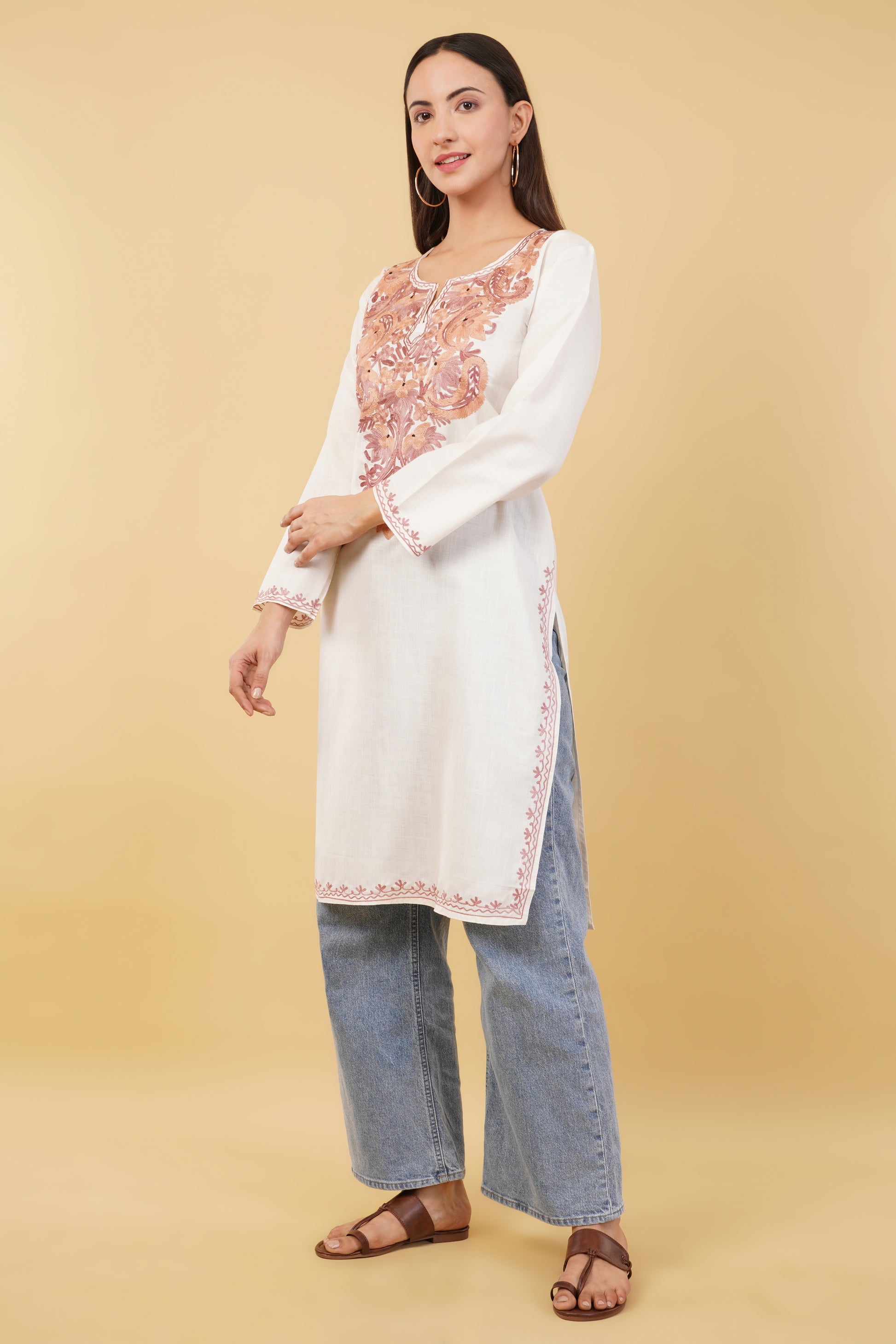Kashmiri Aari embroidery Cotton Long Kurti Size-36 (White)