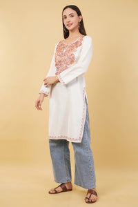 Kashmiri Aari embroidery Cotton Long Kurti Size-36 (White)