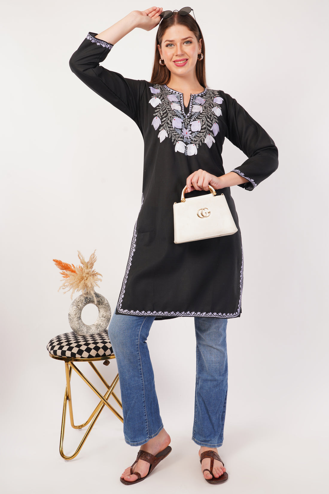 Kashmiri Aari embroidery Cotton Long Kurti Size-42 (Black)