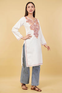 Kashmiri Aari embroidery Cotton Long Kurti Size-36 (White)
