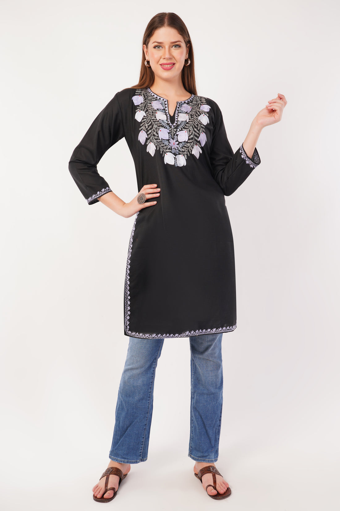 Kashmiri Aari embroidery Cotton Long Kurti Size-42 (Black)